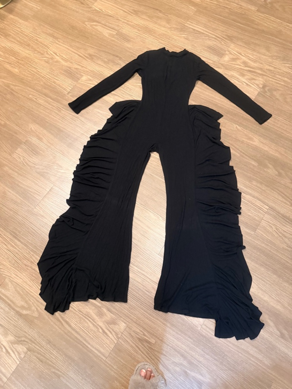 Black Long-Sleeve Ruffle-Trim Wide-Leg Jumpsuit